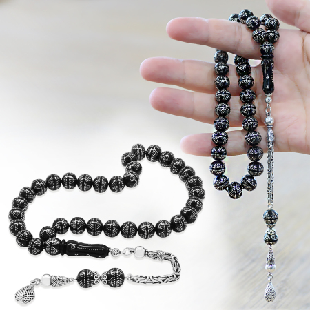 Erzurum Oltu Taşı Tesbih - 925 Ayar Gümüş Kral Püsküllü - Yoğun Gümüş Yıldız İşlemeli - Küre Kesim - Tesbihane