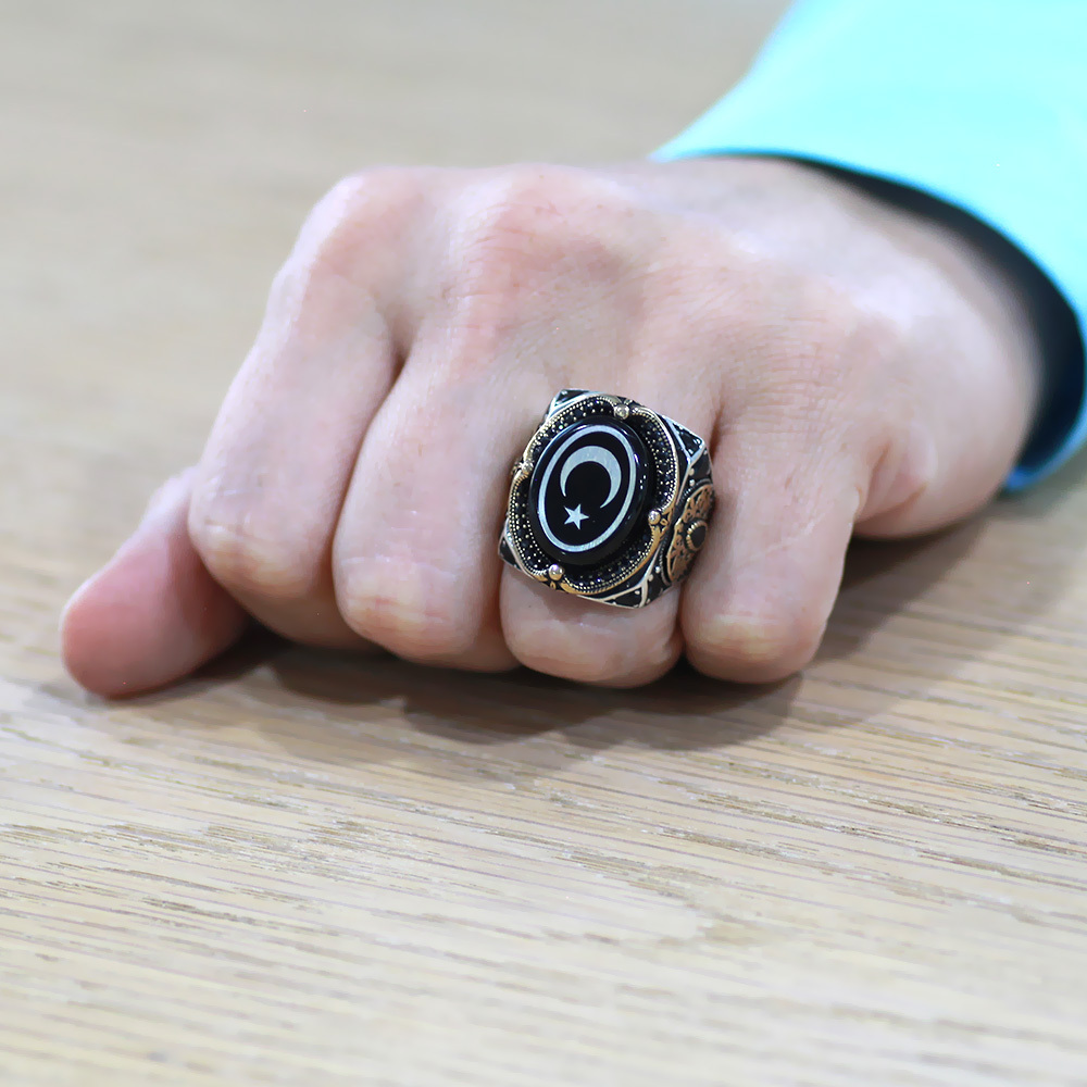 Erzurum Oltu Taşı Üzeri Ayyıldız İşlemeli Kenarları Zirkon Koleksiyonluk 925 Ayar Gümüş Erkek Yüzük - 3