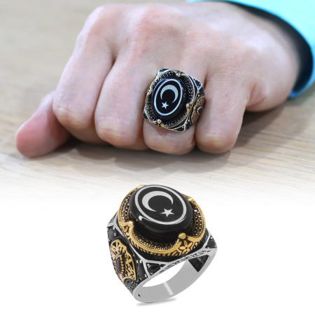 Erzurum Oltu Taşı Üzeri Ayyıldız İşlemeli Kenarları Zirkon Koleksiyonluk 925 Ayar Gümüş Erkek Yüzük - Tesbihane