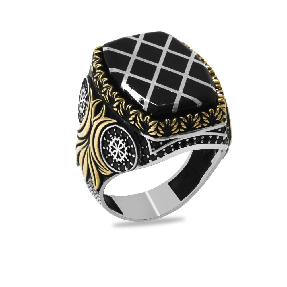 Erzurum Oltu Taşı Üzerine Gümüş Baklava Deseni İşlemeli Koleksiyonluk 925 Ayar Gümüş Erkek Yüzük - 2