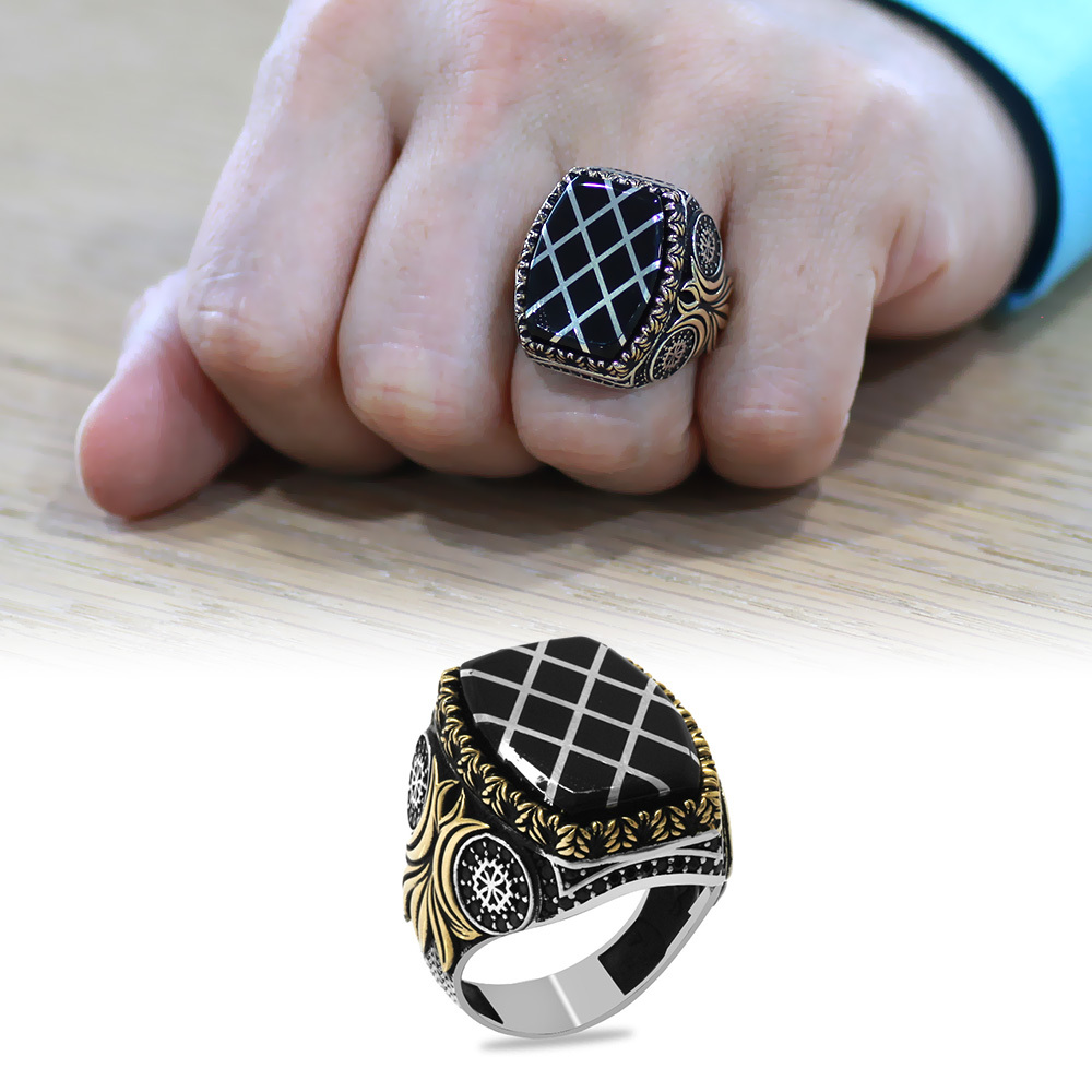 Erzurum Oltu Taşı Üzerine Gümüş Baklava Deseni İşlemeli Koleksiyonluk 925 Ayar Gümüş Erkek Yüzük - 1