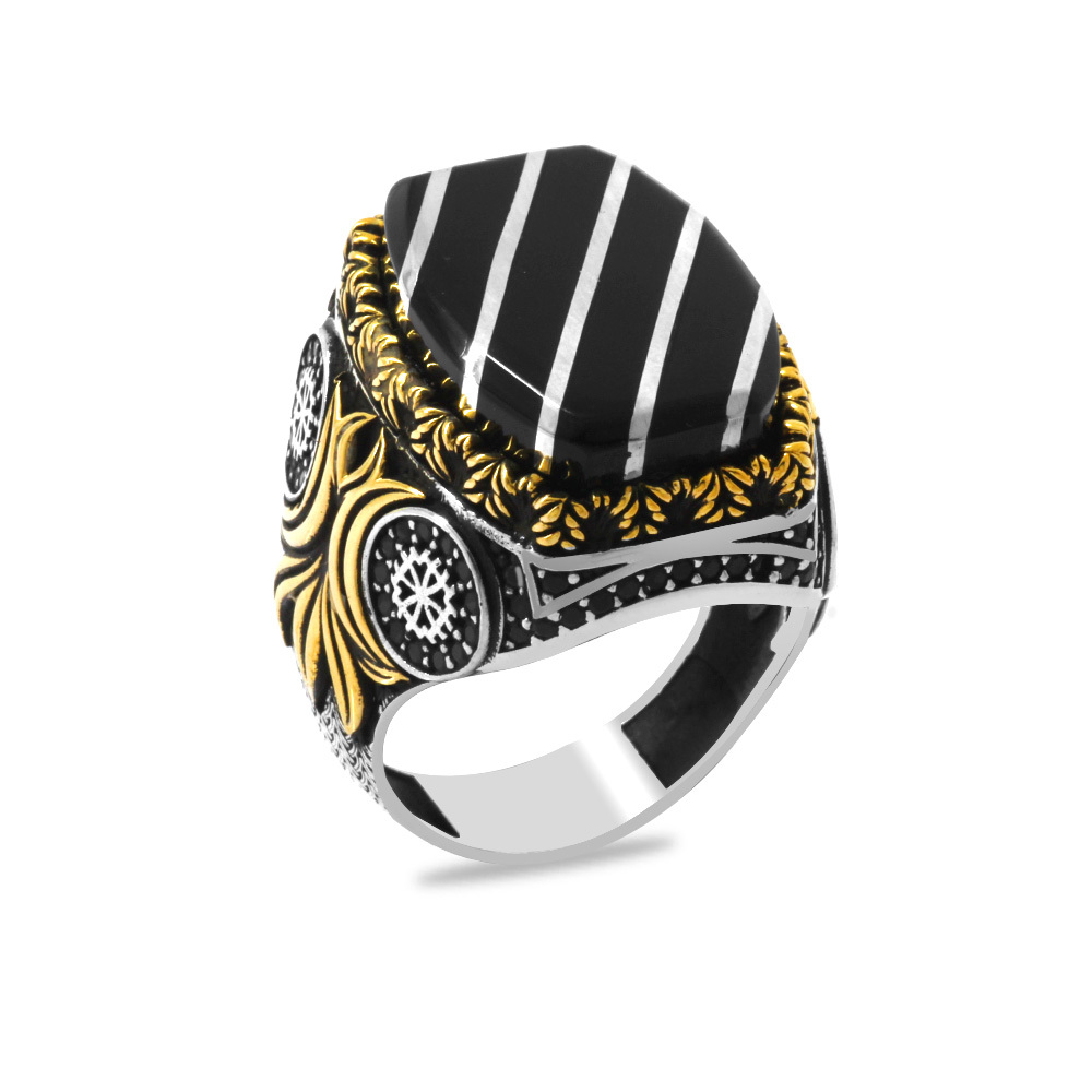 Erzurum Oltu Taşı Üzeri Gümüş Çapraz Şerit İşlemeli Koleksiyonluk 925 Ayar Gümüş Erkek Yüzük - 2