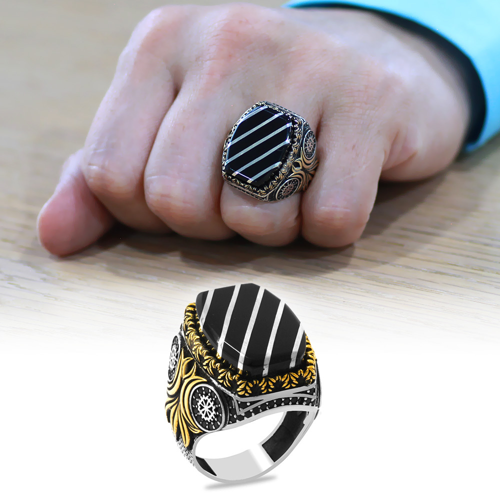 Erzurum Oltu Taşı Üzeri Gümüş Çapraz Şerit İşlemeli Koleksiyonluk 925 Ayar Gümüş Erkek Yüzük - 1