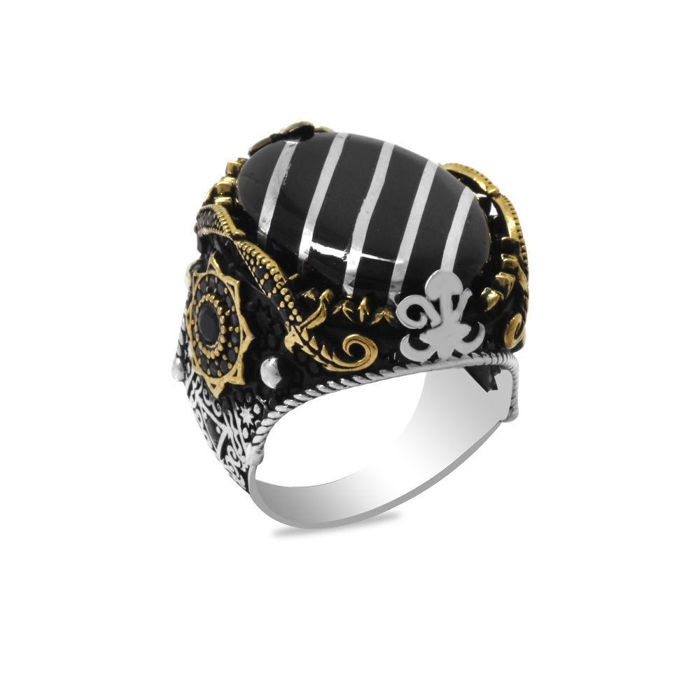 Erzurum Oltu Taşı Üzerine Gümüş Çapraz Şerit İşlemeli Koleksiyonluk 925 Ayar Gümüş Erkek Yüzük - 2