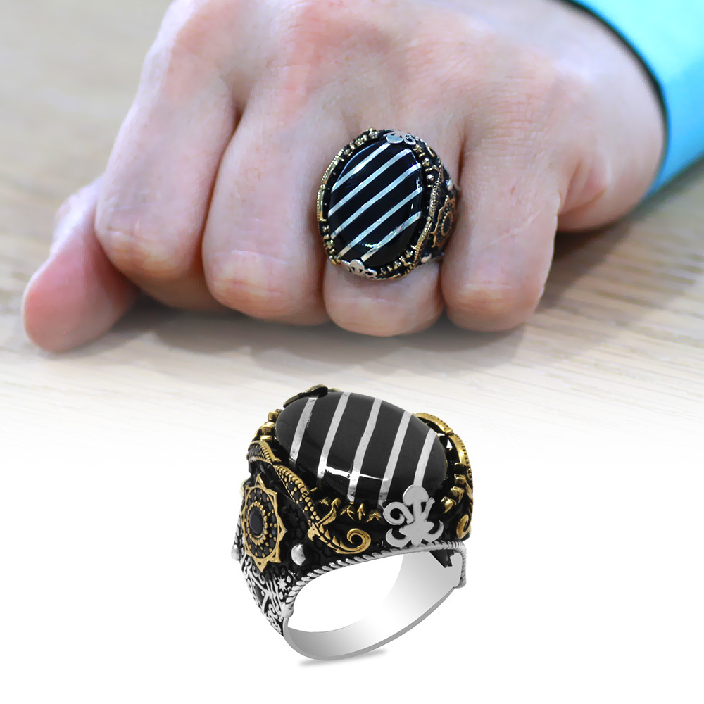 Erzurum Oltu Taşı Üzerine Gümüş Çapraz Şerit İşlemeli Koleksiyonluk 925 Ayar Gümüş Erkek Yüzük - 1