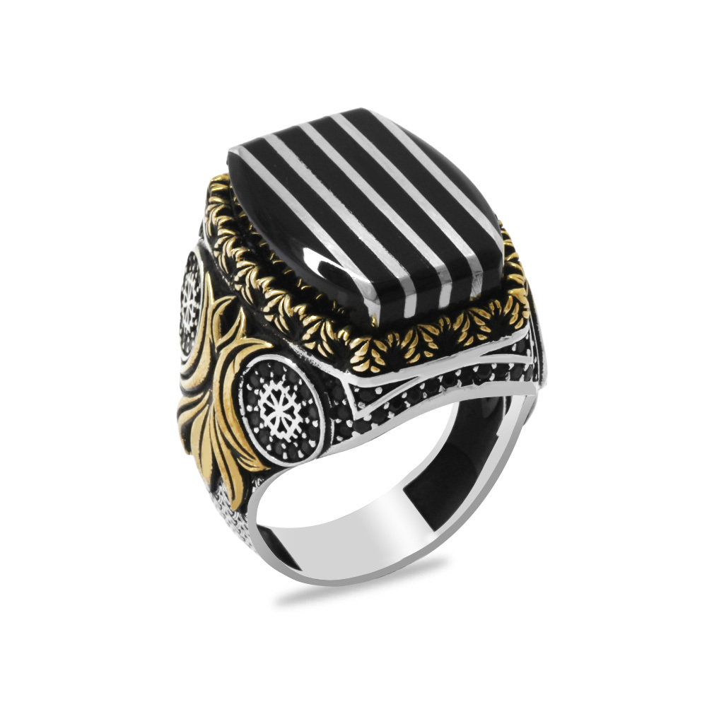 Erzurum Oltu Taşı Üzerine Gümüş Dikey Şerit İşlemeli Koleksiyonluk 925 Ayar Gümüş Erkek Yüzük - 2