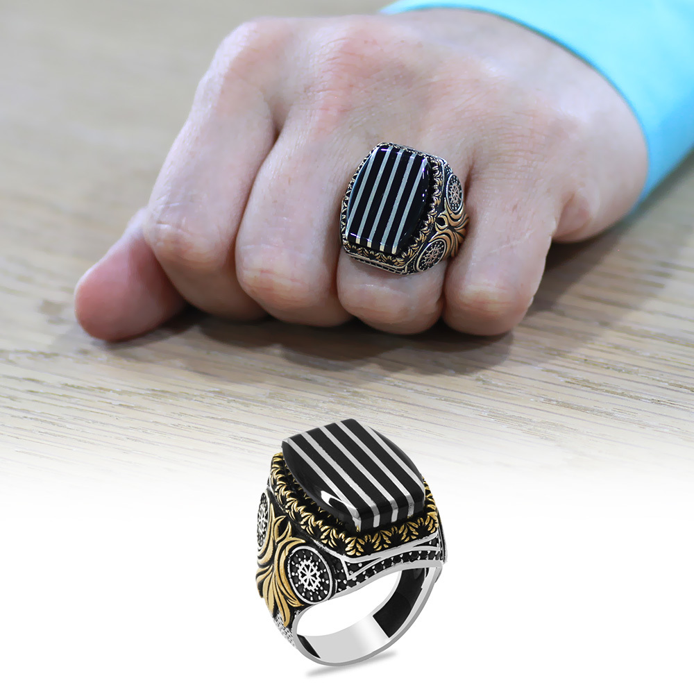 Erzurum Oltu Taşı Üzerine Gümüş Dikey Şerit İşlemeli Koleksiyonluk 925 Ayar Gümüş Erkek Yüzük - 1