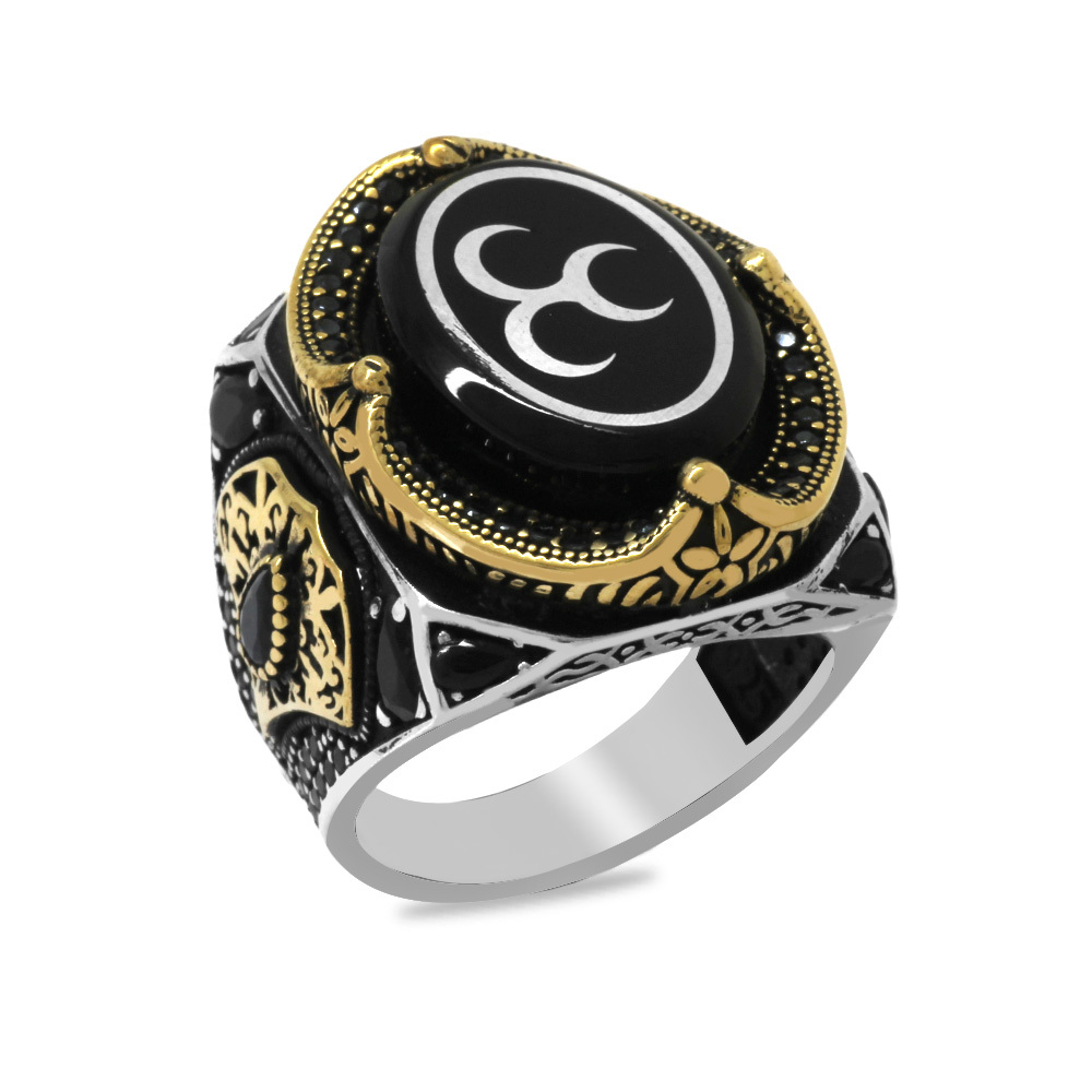 Erzurum Oltu Taşı Üzerine Üç Hilal İşleme Kenarları Zirkon Koleksiyonluk 925 Ayar Gümüş Erkek Yüzük - 2