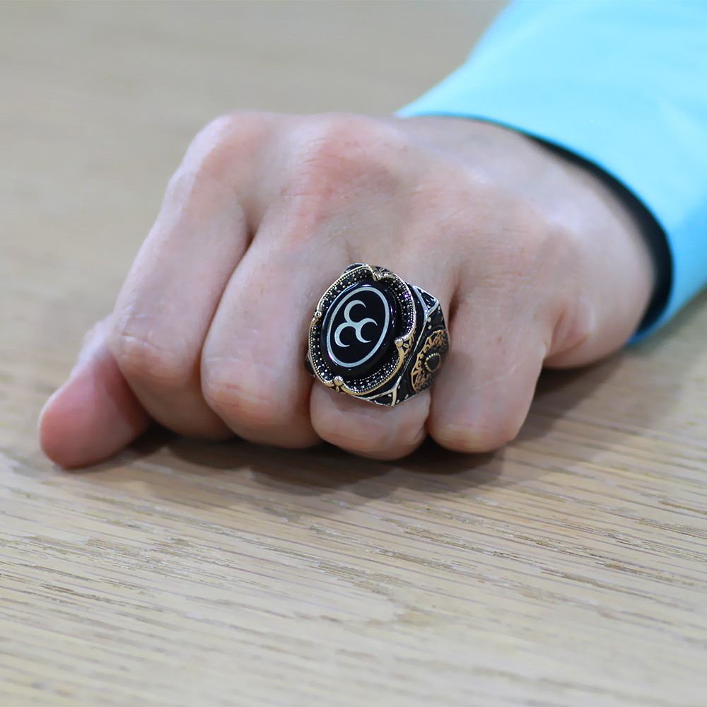 Erzurum Oltu Taşı Üzerine Üç Hilal İşleme Kenarları Zirkon Koleksiyonluk 925 Ayar Gümüş Erkek Yüzük - 3