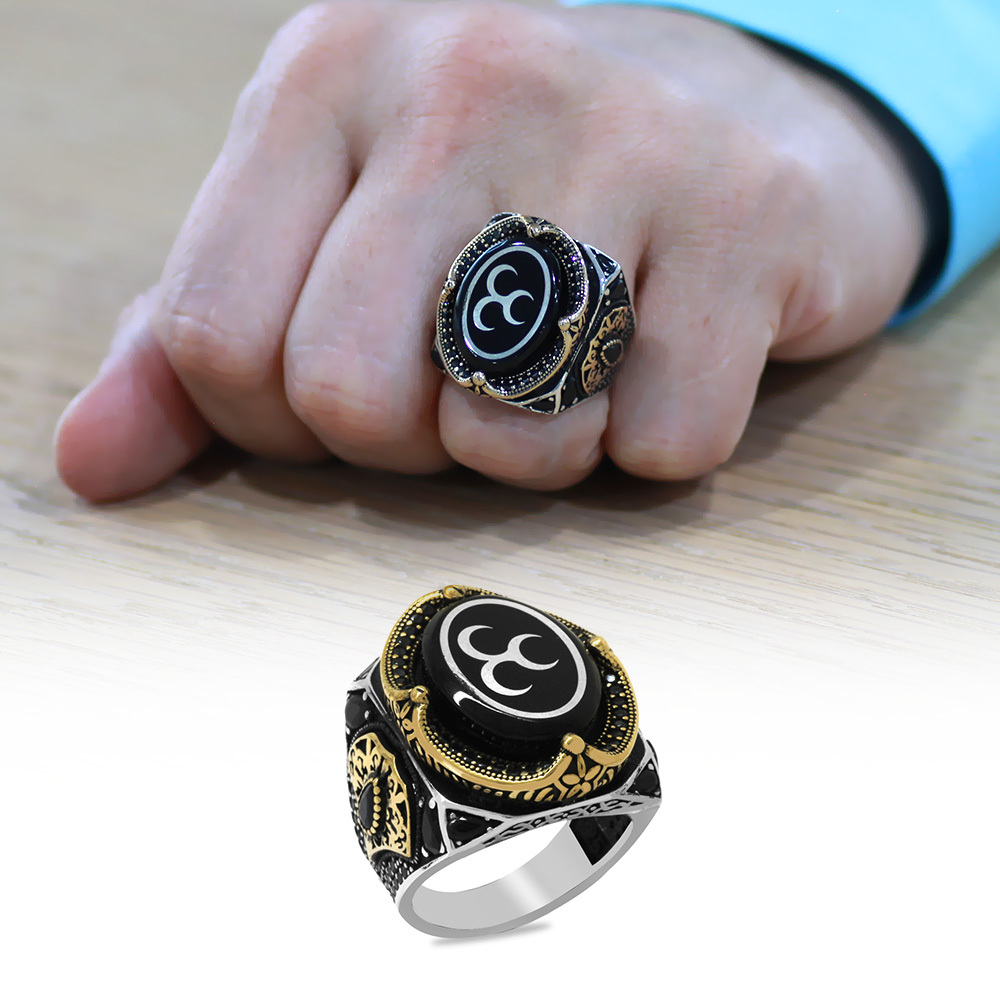 Erzurum Oltu Taşı Üzerine Üç Hilal İşleme Kenarları Zirkon Koleksiyonluk 925 Ayar Gümüş Erkek Yüzük - 1