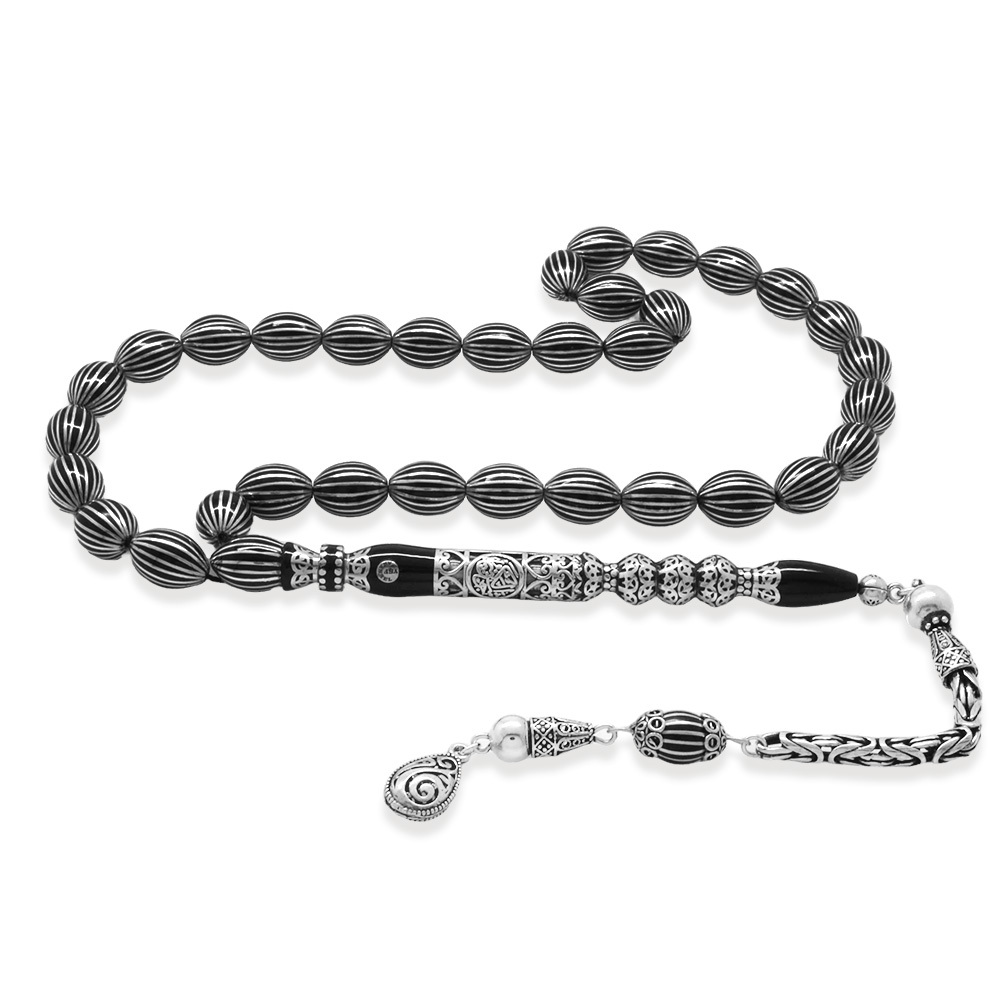 Erzurum Oltu Tesbih - 20 li Gümüş Yarma - Cevşen Nakkaş - 925 Ayar Gümüş Püsküllü - Arpa Kesim - 2