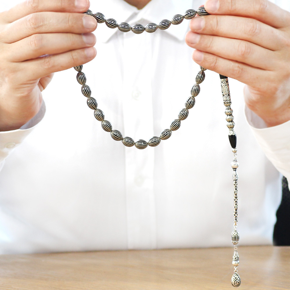 Erzurum Oltu Tesbih - 20 li Gümüş Yarma - Cevşen Nakkaş - 925 Ayar Gümüş Püsküllü - Arpa Kesim - 4