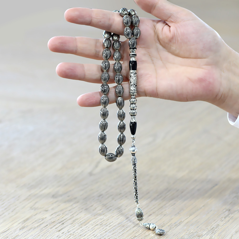 Erzurum Oltu Tesbih - 20 li Gümüş Yarma - Cevşen Nakkaş - 925 Ayar Gümüş Püsküllü - Arpa Kesim - 3