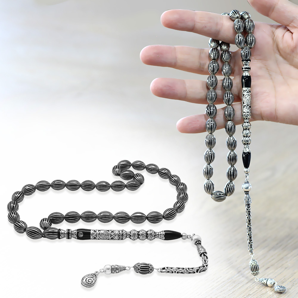 Erzurum Oltu Tesbih - 20 li Gümüş Yarma - Cevşen Nakkaş - 925 Ayar Gümüş Püsküllü - Arpa Kesim - 1