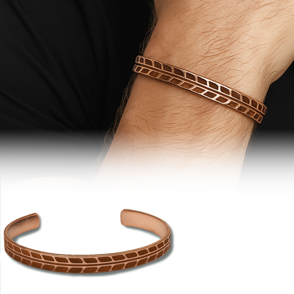 Erkek Bakır Bileklik - Buğday Desenli - Esnek Yapılı - 1