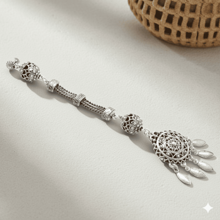 Etnik Tasarım Çift Zincirli 925 Ayar Gümüş Püskül - Tesbihane