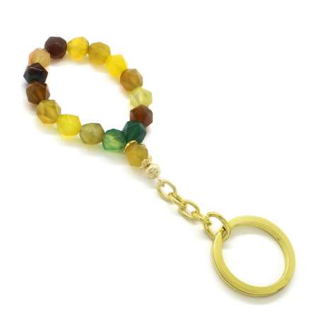 Faset Akik Doğaltaş-Gold Çelik Kombinli Tesbih Anahtarlık - Tesbihane