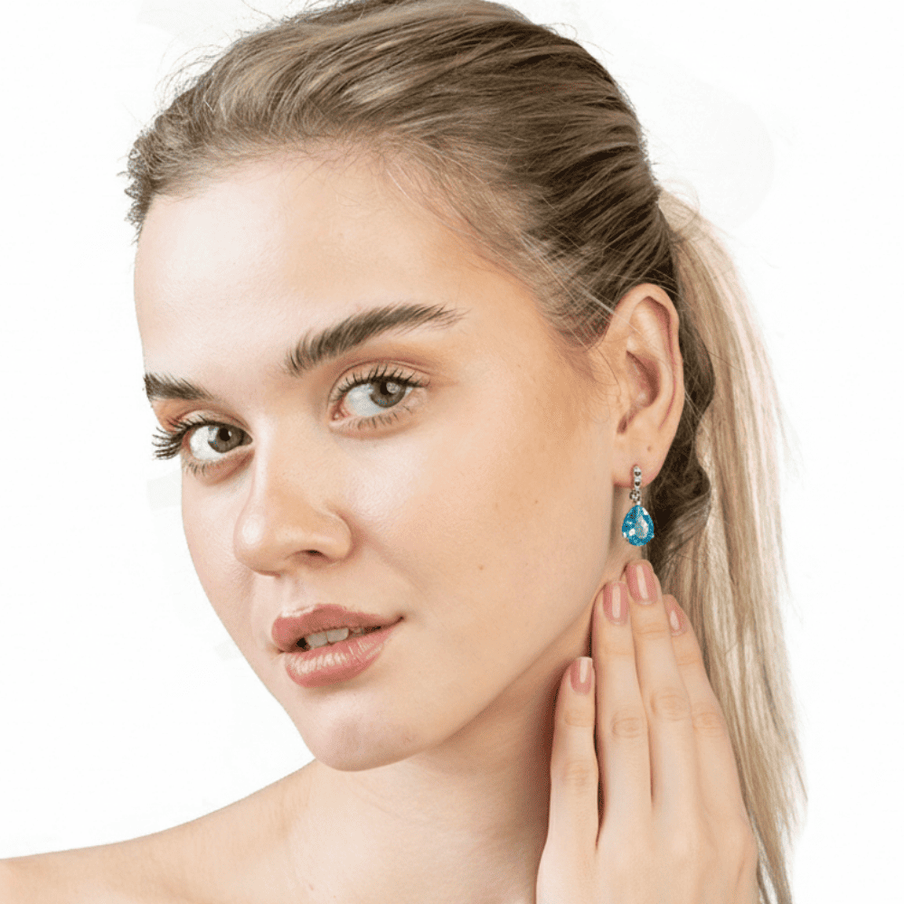 Faset Aqua Zirkon Taşlı Damla Tasarım 925 Ayar Gümüş Kadın Küpe - 2