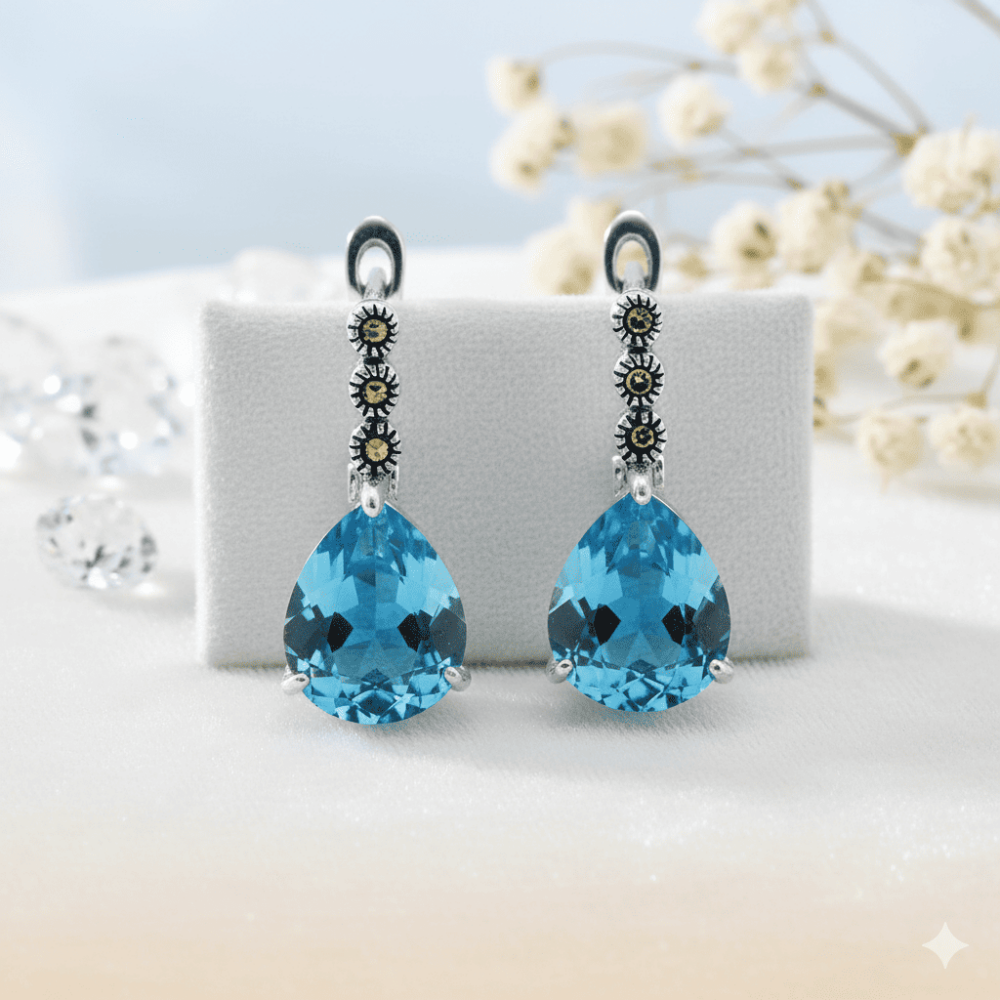 Faset Aqua Zirkon Taşlı Damla Tasarım 925 Ayar Gümüş Kadın Küpe - 5