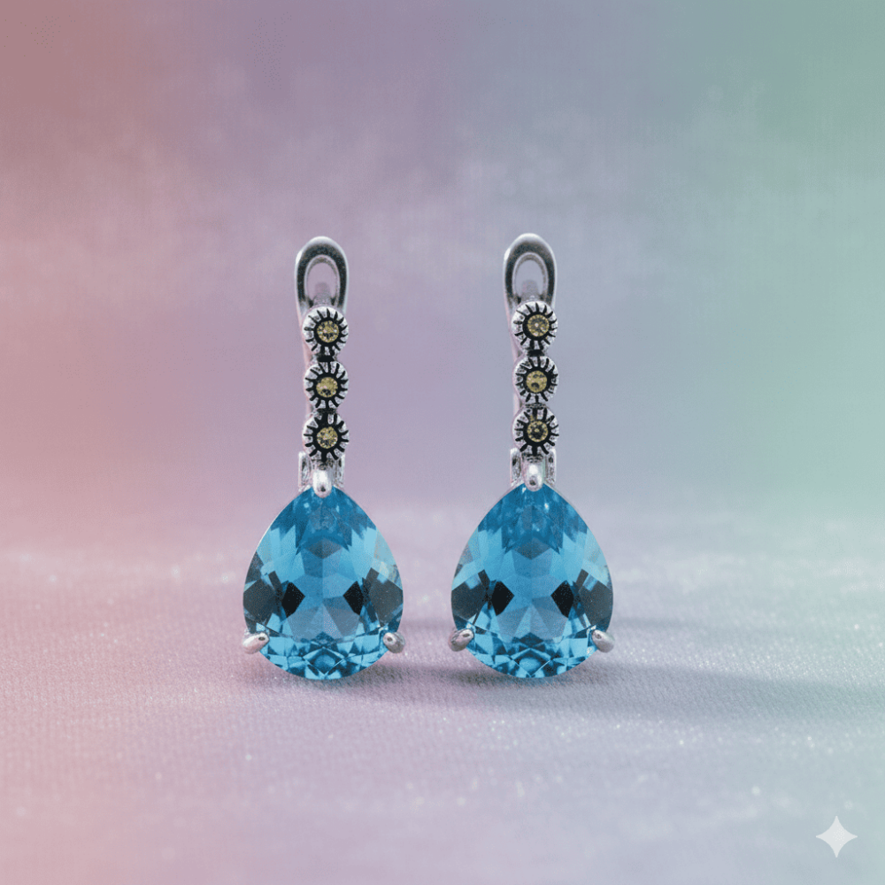 Faset Aqua Zirkon Taşlı Damla Tasarım 925 Ayar Gümüş Kadın Küpe - 4