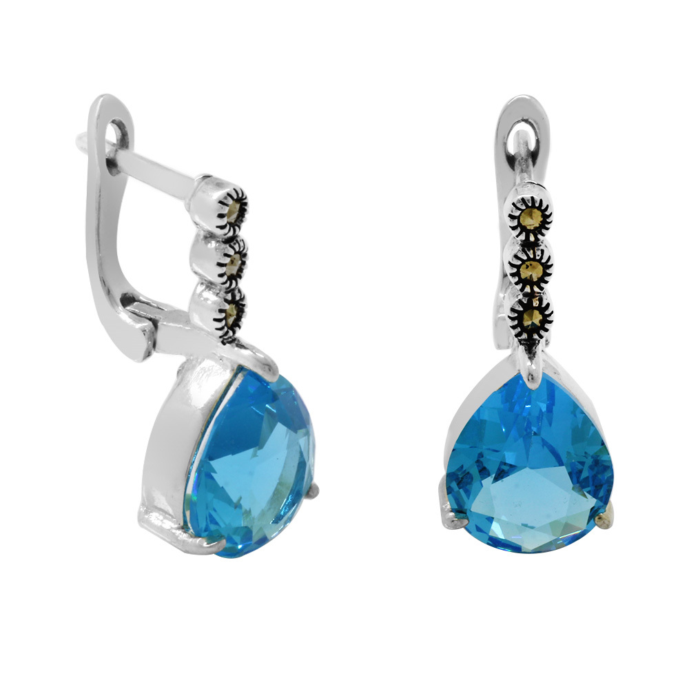 Faset Aqua Zirkon Taşlı Damla Tasarım 925 Ayar Gümüş Kadın Küpe - 3