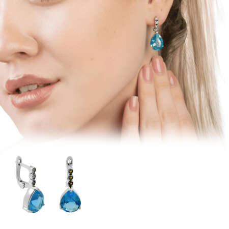 Faset Aqua Zirkon Taşlı Damla Tasarım 925 Ayar Gümüş Kadın Küpe - Tesbihane