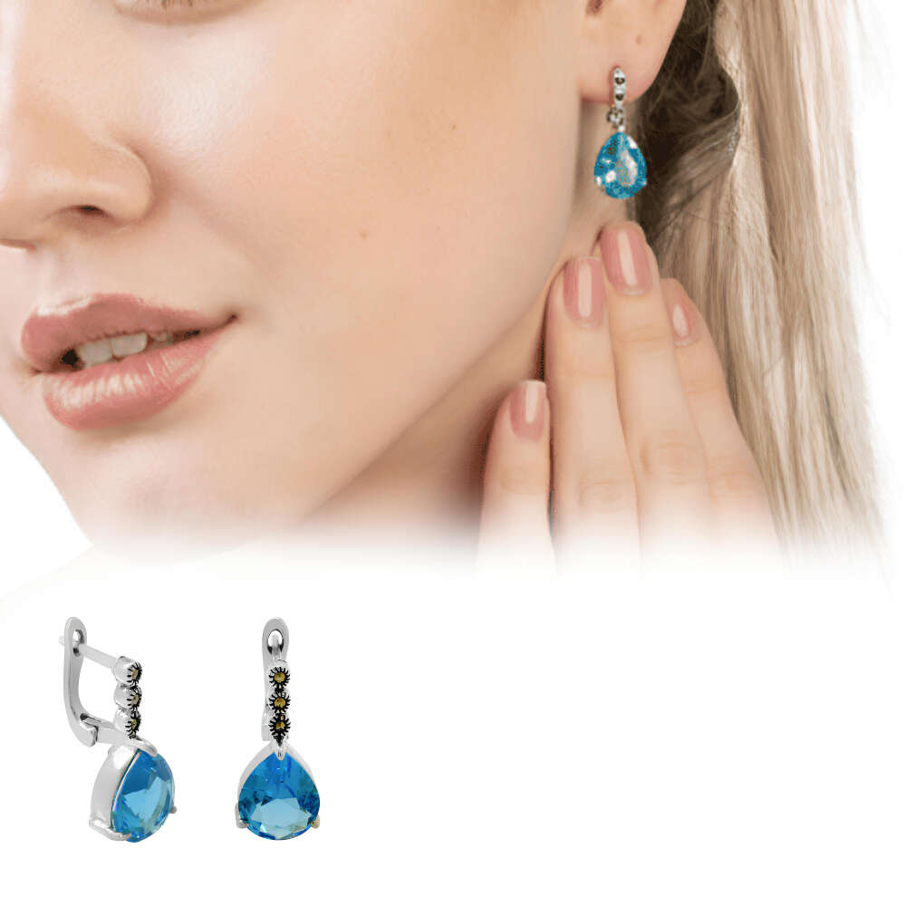 Faset Aqua Zirkon Taşlı Damla Tasarım 925 Ayar Gümüş Kadın Küpe - 1