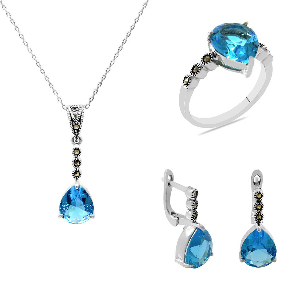 Faset Aqua Zirkon Taşlı Damla Tasarım 925 Ayar Gümüş Takı Seti - 1