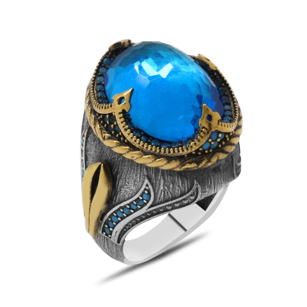 Faset Aqua Zirkon Taşlı Kompakt Tasarım 925 Ayar Gümüş Şehzade Yüzük - 3