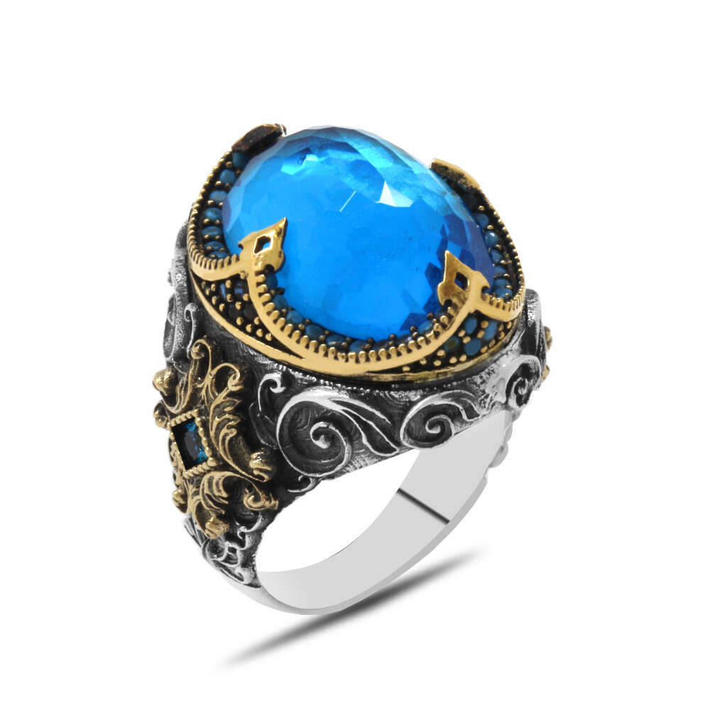 Faset Aqua Zirkon Taşlı Kral Tacı Tasarım 925 Ayar Gümüş Erkek Yüzük - 3