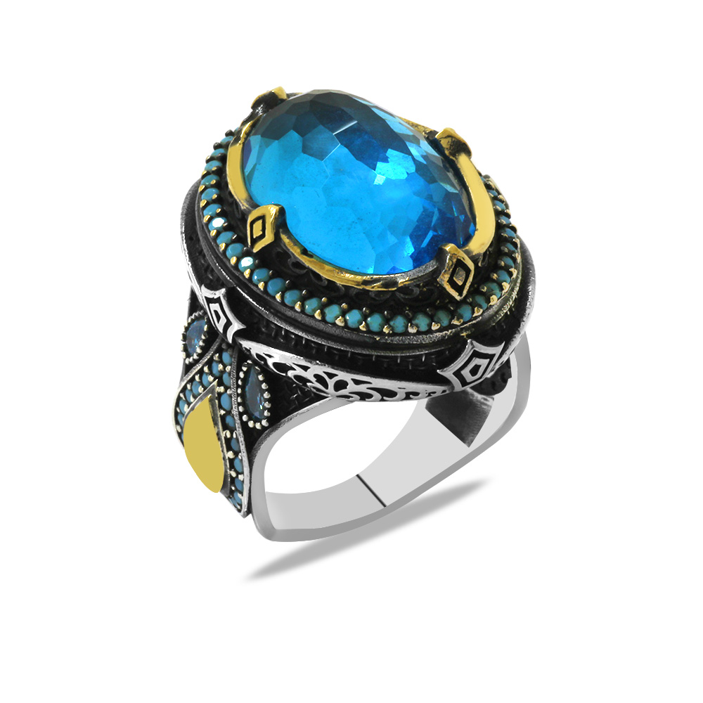 Faset Aqua Zirkon Taşlı Kral Tacı Tasarım İsme Özel Yazılı 925 Ayar Gümüş Erkek Yüzük - 2