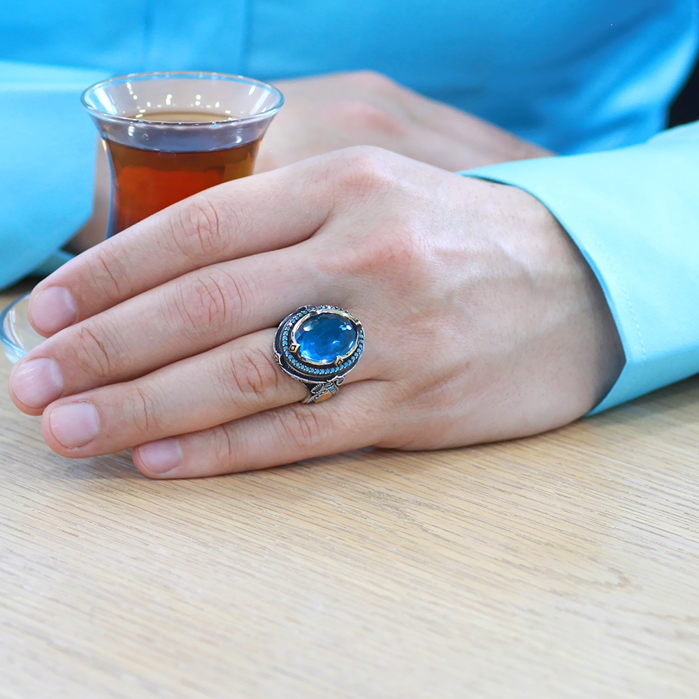 Faset Aqua Zirkon Taşlı Kral Tacı Tasarım İsme Özel Yazılı 925 Ayar Gümüş Erkek Yüzük - 3