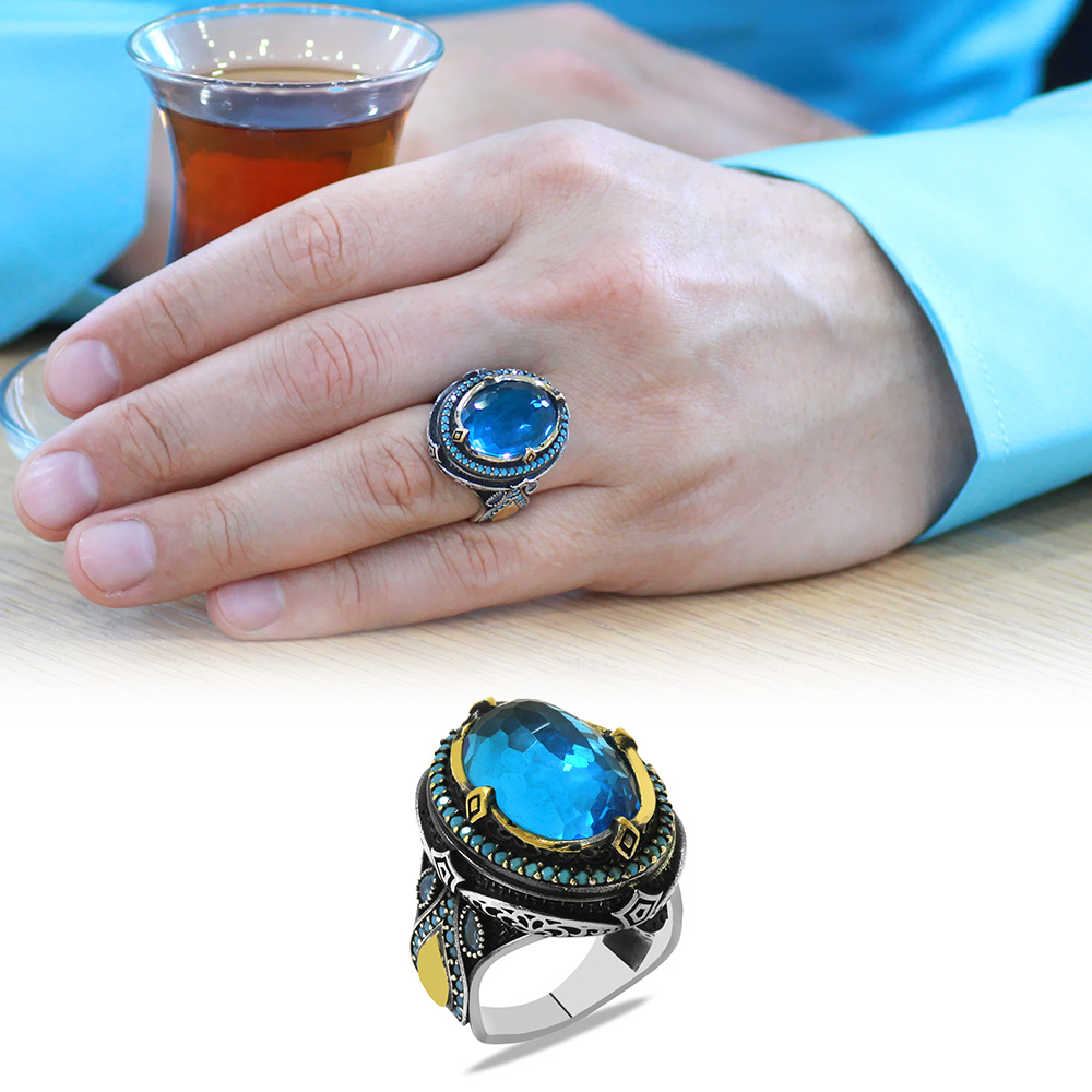 Faset Aqua Zirkon Taşlı Kral Tacı Tasarım İsme Özel Yazılı 925 Ayar Gümüş Erkek Yüzük - 1