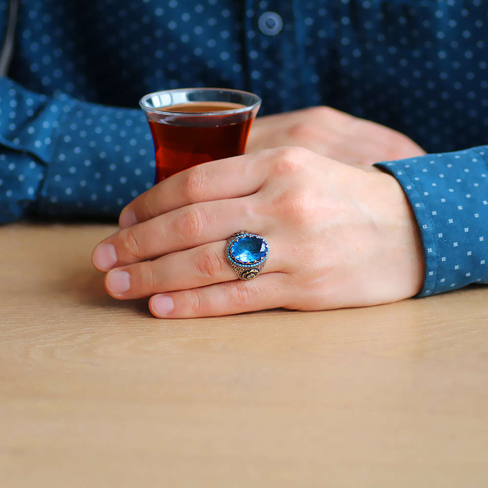 Faset Kesim Aqua Mavi Zirkon Taşlı 925 Ayar Gümüş Erkek Yüzük - 2