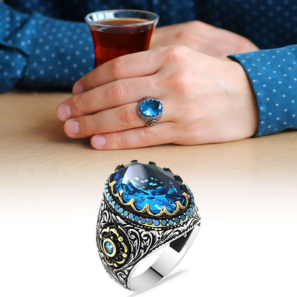 Faset Kesim Aqua Mavi Zirkon Taşlı 925 Ayar Gümüş Erkek Yüzük - 1