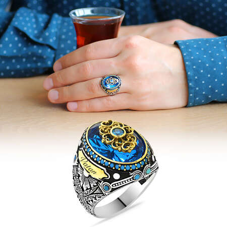 Faset Kesim Aqua Mavi Zirkon Taşlı Kişiye Özel İsim Yazılı 925 Ayar Gümüş Erkek Yüzük - STOKYOK