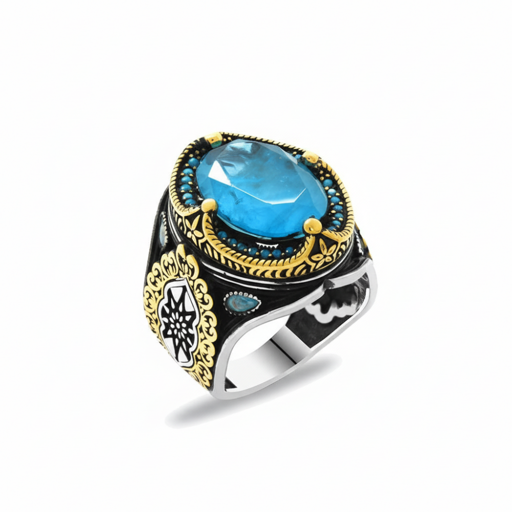 Faset Kesim Aqua Paraiba Taşlı 925 Ayar Gümüş Erkek Yüzük - 4