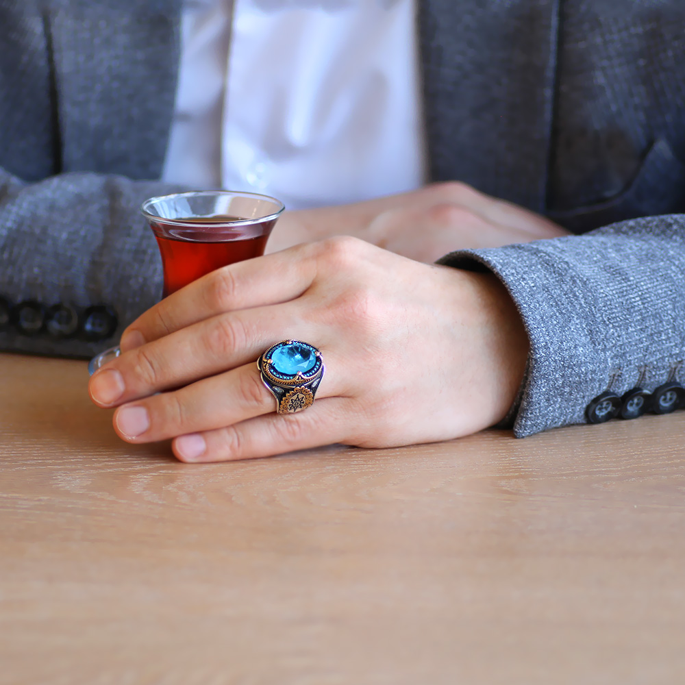 Faset Kesim Aqua Paraiba Taşlı 925 Ayar Gümüş Erkek Yüzük - 2