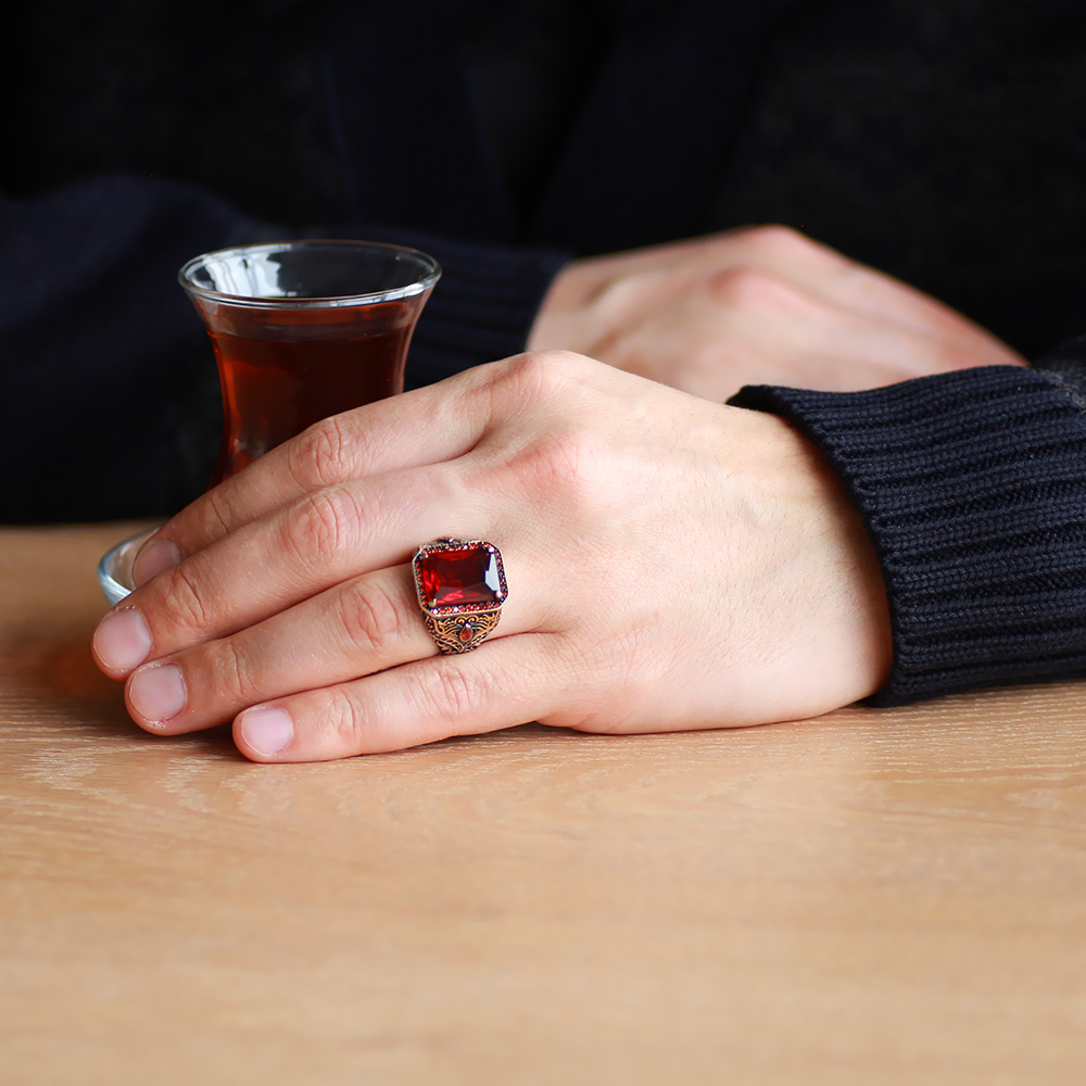Faset Kesim Kırmızı Zirkon Taşlı Dörtgen Tasarım 925 Ayar Gümüş Erkek Yüzük - 3
