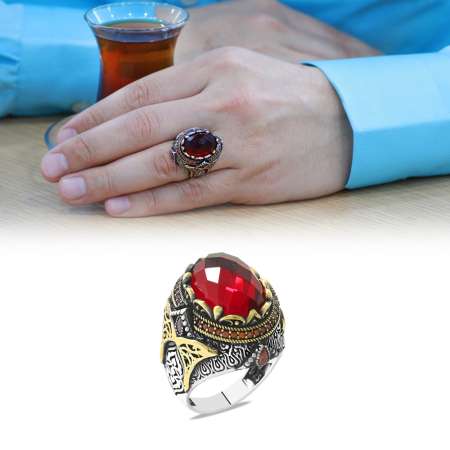 Faset Kesim Kırmızı Zirkon Taşlı Oval Tasarım 925 Ayar Gümüş Erkek Yüzük - Tesbihane