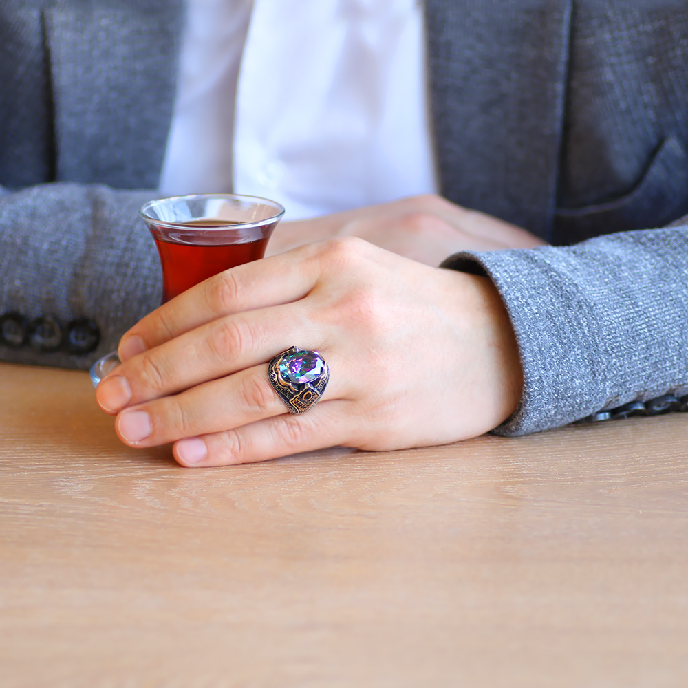 Faset Kesim Mistik Topaz Taşlı 925 Ayar Gümüş Erkek Yüzük - 2