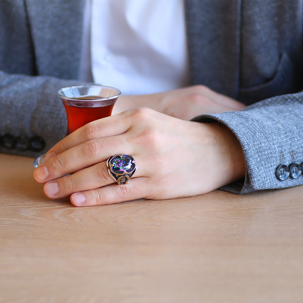 Faset Kesim Mistik Topaz Taşlı Yanları Kılıç Detaylı 925 Ayar Gümüş Erkek Yüzük - 2