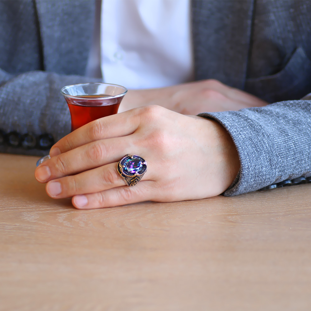 Faset Kesim Mistik Topaz Taşlı Zirkon Taş Mıhlamalı 925 Ayar Gümüş Erkek Yüzük - 2