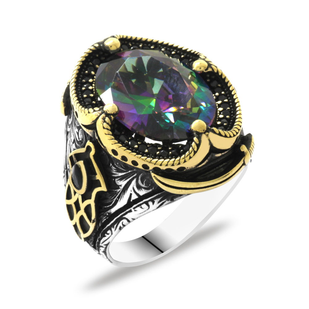 Faset Kesim Mistik Topaz Taşlı Zirkon Taş Mıhlamalı 925 Ayar Gümüş Erkek Yüzük - 3