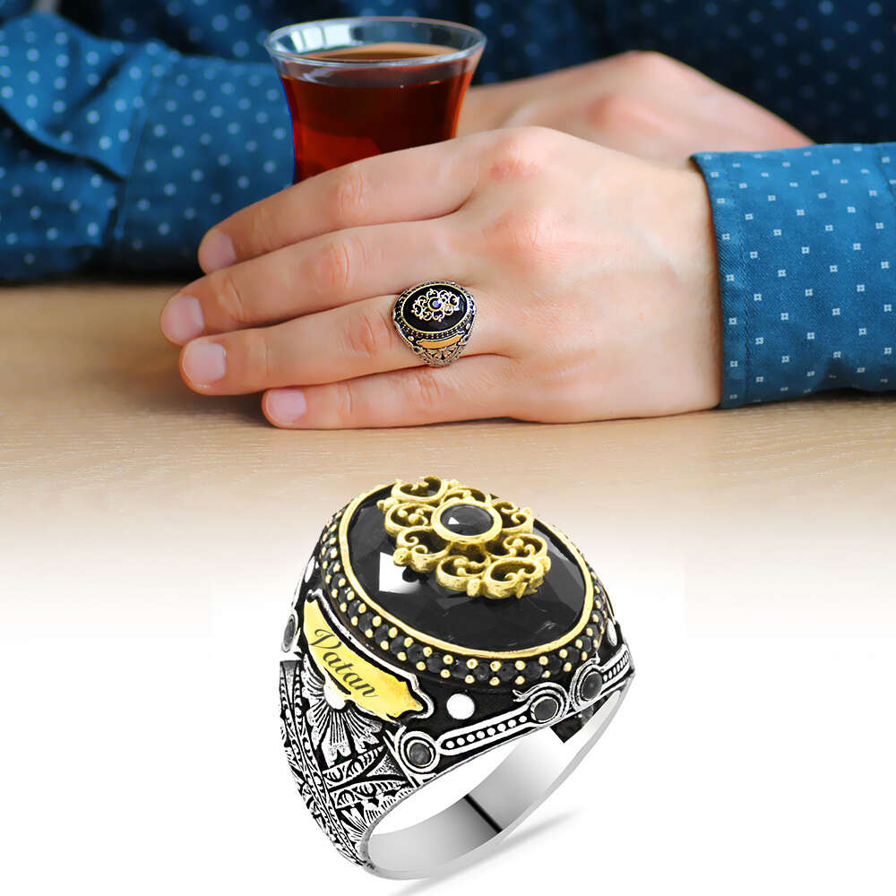 Faset Kesim Siyah Zirkon Taşlı İsme Özel Yazılı 925 Ayar Gümüş Erkek Yüzük - 1