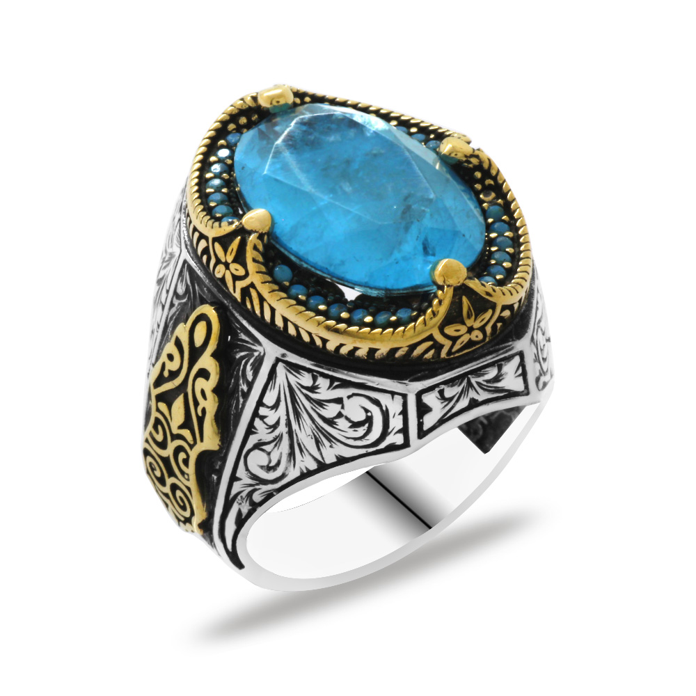 Faset Kesim Soft Aqua Paraiba Taşlı 925 Ayar Gümüş Erkek Yüzük - 3