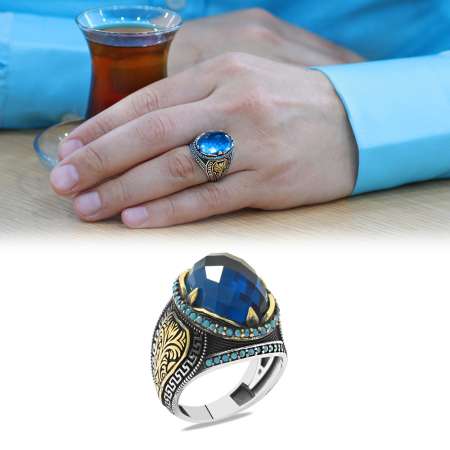 Faset Kesim Turkuaz Zirkon Taşlı Oval Tasarım Grek Süslemeli 925 Ayar Gümüş Erkek Yüzük - Tesbihane