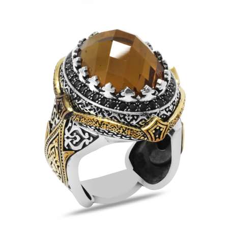 Faset Kesim Zultanit Taşlı Ayyıldız Desenli 925 Ayar Gümüş Erkek Yüzük - Tesbihane