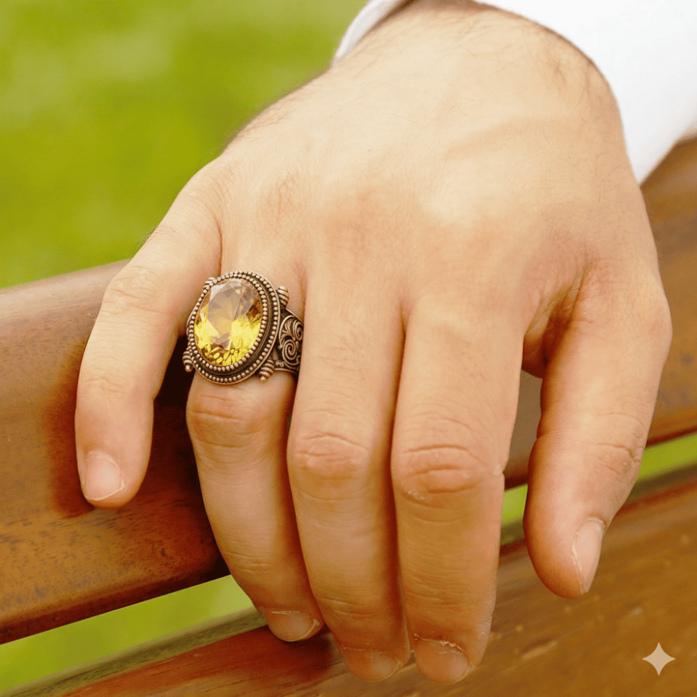 Faset Kesim Zultanit Taşlı Selçuklu Desenli Oval Tasarım 925 Ayar Gümüş Erkek Yüzük - 2