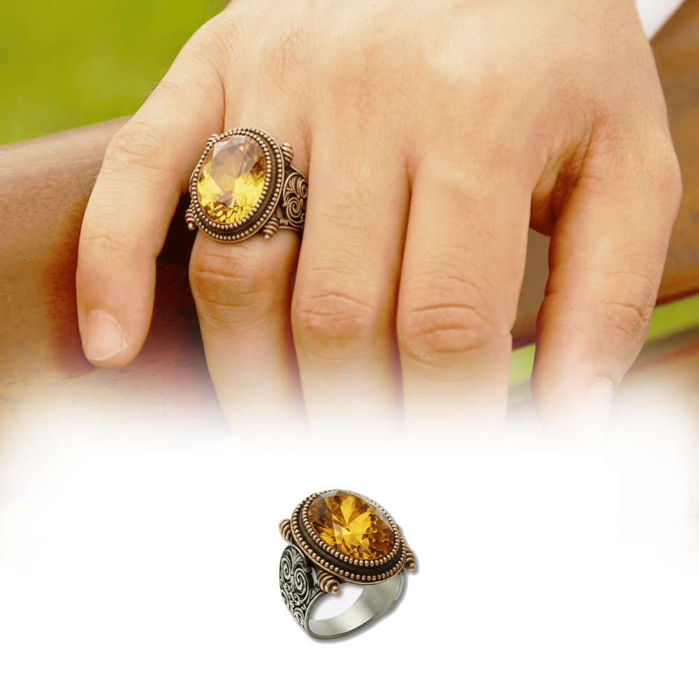 Faset Kesim Zultanit Taşlı Selçuklu Desenli Oval Tasarım 925 Ayar Gümüş Erkek Yüzük - 1